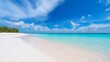 Beautiful sandy beach with white sand and rolling calm wave of turquoise ocean on Sunny day on background white clouds in blue sky. generative AI