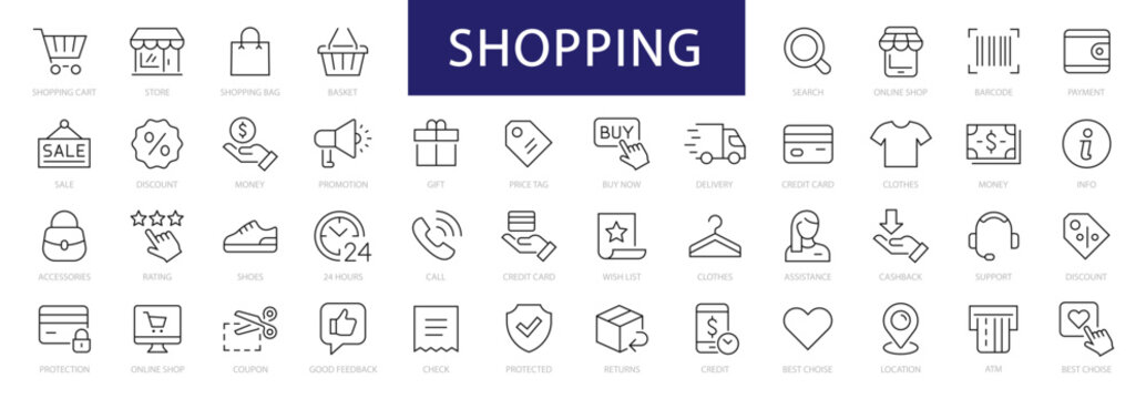 shopping thin line icons set. shopping, e-commerce, shop, payment editable stroke icons collection. 