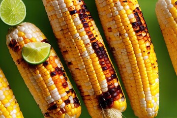 Sticker - Large cobs of grilled corn with smooth yellow and brown roasted grains, created with generative ai