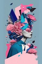 Generative AI Illustration Abstract Contemporary Art Paper Collage Of Female Profile With Many Different Flowers On Blue And Pink Background