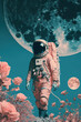 © ADDICTIVE STOCK - Generative AI illustration full body of astronaut in spacesuit helmet with visor and backpack walking through pink flowers against big moon