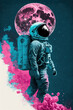 © ADDICTIVE STOCK - Generative AI illustration full body of astronaut in spacesuit helmet with visor and backpack walking through pink cloud against big moon