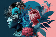Generative AI Illustration Abstract Contemporary Art Paper Collage Of Female Profile With Many Different Flowers On Blue And Pink Background