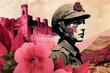 © ADDICTIVE STOCK - Generative AI illustration abstract contemporary art paper collage of female soldier wearing military uniform and helmet decorated with pink flower standing against old brick construction