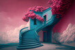 © ADDICTIVE STOCK - Generative AI illustration of blue winding staircase leading to building in pink sky with clouds