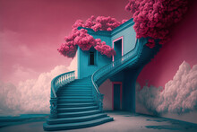 Generative AI Illustration Of Blue Winding Staircase Leading To Building In Pink Sky With Clouds
