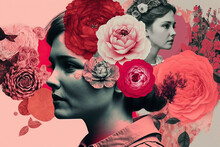 Generative AI Illustration Abstract Contemporary Art Paper Collage Of Females In Old Fashioned Style With Red And Pink Flowers Looking Away