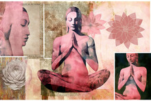 Generative AI Illustration Abstract Contemporary Art Paper Collage Of Peaceful Female In Padmasana With Namaste Gesture Against Shabby Old Newspaper And Flower Pattern