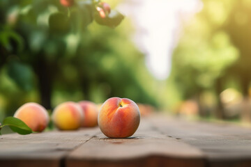 Wall Mural - Wooden table for product display in peach garden, generative AI