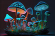 © ADDICTIVE STOCK - Generative AI illustration of colorful psychedelic fluorescent neon magic mushrooms growing against dark background
