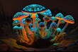 © ADDICTIVE STOCK - Generative AI illustration of colorful psychedelic fluorescent neon magic mushrooms growing against dark background