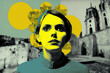© ADDICTIVE STOCK - Generative AI illustration abstract contemporary art paper collage of female standing near aged buildings in old town and looking up
