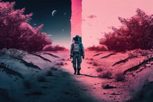 Generative AI Illustration Full Body Of Astronaut In Spacesuit Walking Through Dry Pink Plants On Dark Planet Against Crescent Moon In Night Sky With Colorful Illumination