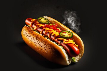 Poster - Delicious snack in form of fresh hotdog with sausage, pepper and cucumber isolated on black background, created with generative ai