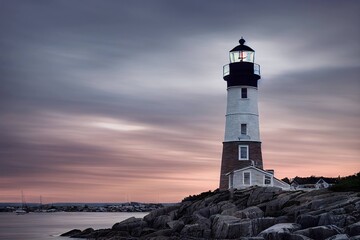 Wall Mural - Beautiful sunset landscape with high lonely lighthouses on rocky sea slope, created with generative ai