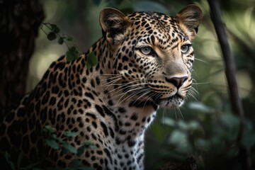 Wall Mural - Close up young leopard portrait. Close up beautiful angry big leopard in forest. Generative Ai