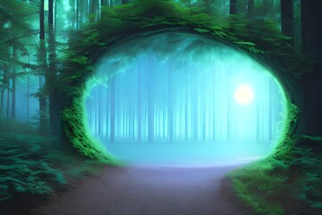 Canvas Print - Image of a glowing portal in a mystical forest Generative AI