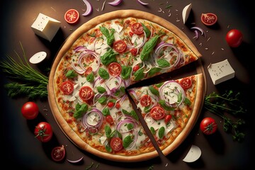 Poster - Pizza laid out on dark brown table with vegetables and sprigs of fresh herbs, created with generative ai