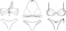 "Hand Drawn Woman Swimwear, Technical Vector Drawing, Template, Sketch, Flat, Mock Up. Recycled PA, Recycled PES, Lycra Fabric Bikini Front View, White Color"	
