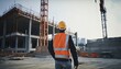 © Kowit - Construction concept. at back of the construction worker head which is wearing the safety helmet and checking work at the construction site. Non-existent person. Generative Ai