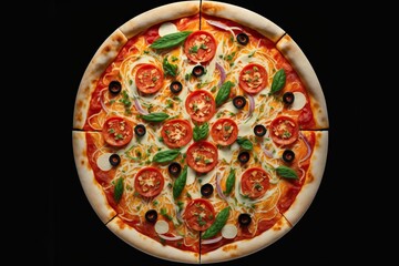 Poster - Thin Italian pizza with delicious filling of sausage, cheese and tomatoes isolated on black background, created with generative ai