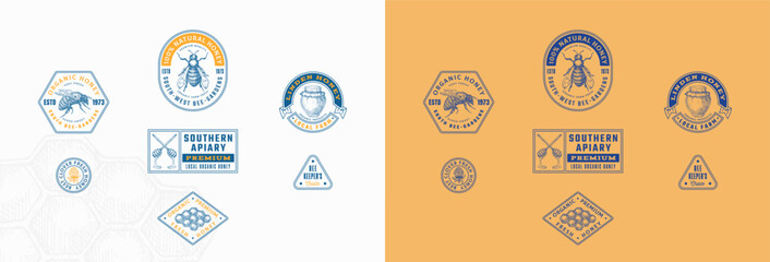 Wall Mural - bee honey farm retro framed badges and logo templates collection. hand drawn beekeeping apiary honey