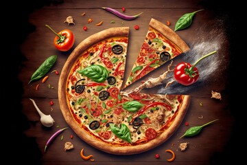 Poster - Bright appetizing pizza with juicy cheese filling with pieces of olives, tomatoes and basil, created with generative ai