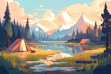 summer forest or mountain tourist campground or campsite with tents and fireplace, flat cartoon vect