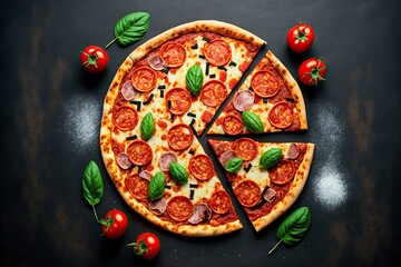 Poster - Black gray background with image of cut pizza with tomatoes and salami decorated with basil leaves, created with generative ai