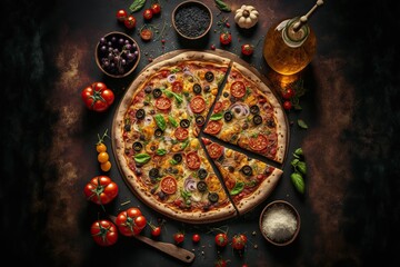 Poster - Pizza on dark brown background surrounded by bowls of spices and fresh vegetables, created with generative ai