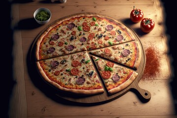 Canvas Print - Homemade hot delicious food in form of baked pizza with sausage and vegetables, created with generative ai