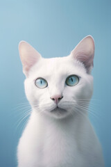 Wall Mural - Portrait of serious khao manee cat looking at camera on blue pastel background. Generative AI