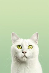 Wall Mural - Portrait of serious khao manee cat looking at camera on green pastel background