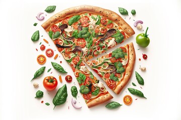 Poster - Appetizing healthy snack in form of vegetable pizza with broccoli isolated on white background, created with generative ai