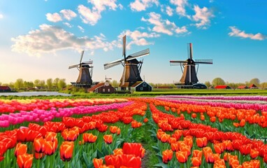 Landscape with tulips, traditional dutch windmills in Netherlands, Europe, Generative AI.