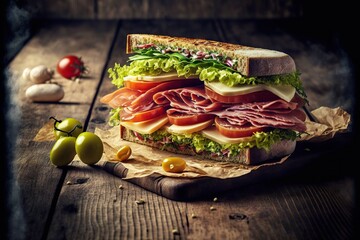 Wall Mural - Traditional ham sandwich with tomatoes and cheese for breakfast, created with generative ai