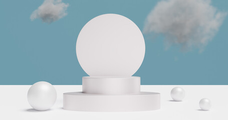 Poster - White podium pedestal against a cloudy sky. Product presentation. Geometric shapes. 3d rendering