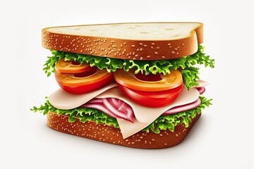 Poster - Homemade club sandwich with vegetables, cheese and salad isolated on white background, created with generative ai