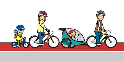 Familie mit zwei Kindern beim Fahrrad fahren auf Radweg