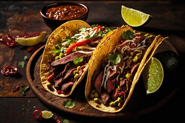 Sticker - Mexican tacos with beef salsa avocado sauce and lime on wooden board, created with generative ai