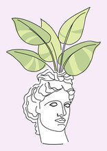 Flower Pot In The Form Of An Antique Head Of A Statue With A Houseplant. Vector Illustration.