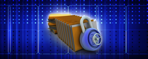 Poster - 3D rendering Yellow folder and lock. Data security concept
