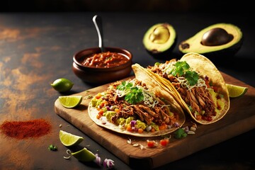 Sticker - Meat tacos with salsa sauce beef and vegetables on wooden board, created with generative ai