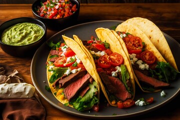 Sticker - Mexican grilled street tacos with beef and vegetables in sauce on plate, created with generative ai