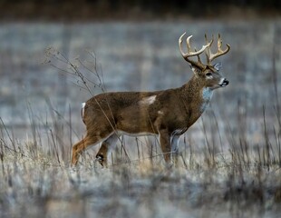 Wall Mural - Selective focus of a brown-furred Columbian white-tailed deer standing in a field in winter