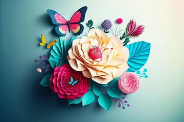 Wall Mural - Beautiful bright applique of multicolored 3d rendering paper flowers with butterfly, generative ai, created with generative ai