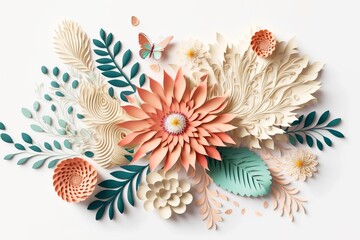 Wall Mural - Delightful composition with pastel 3d rendering paper flowers isolated on white background, generative ai, created with generative ai