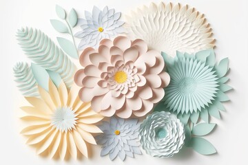 Wall Mural - Delicate floral composition of 3d rendering paper flowers in delicate peach green tones, generative ai, created with generative ai