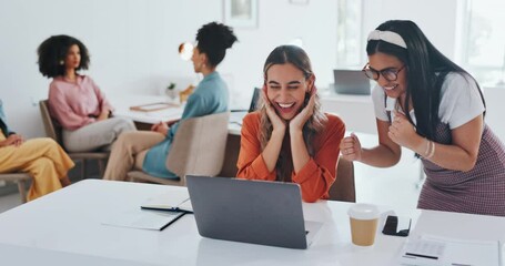 Poster - Success, fist bump or happy employees with a handshake in celebration of digital marketing sales goals at office desk. Laptop, winner or excited women celebrate winning an online business deal at job