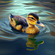 A Beauty And Colorful Duck Swimming In  River